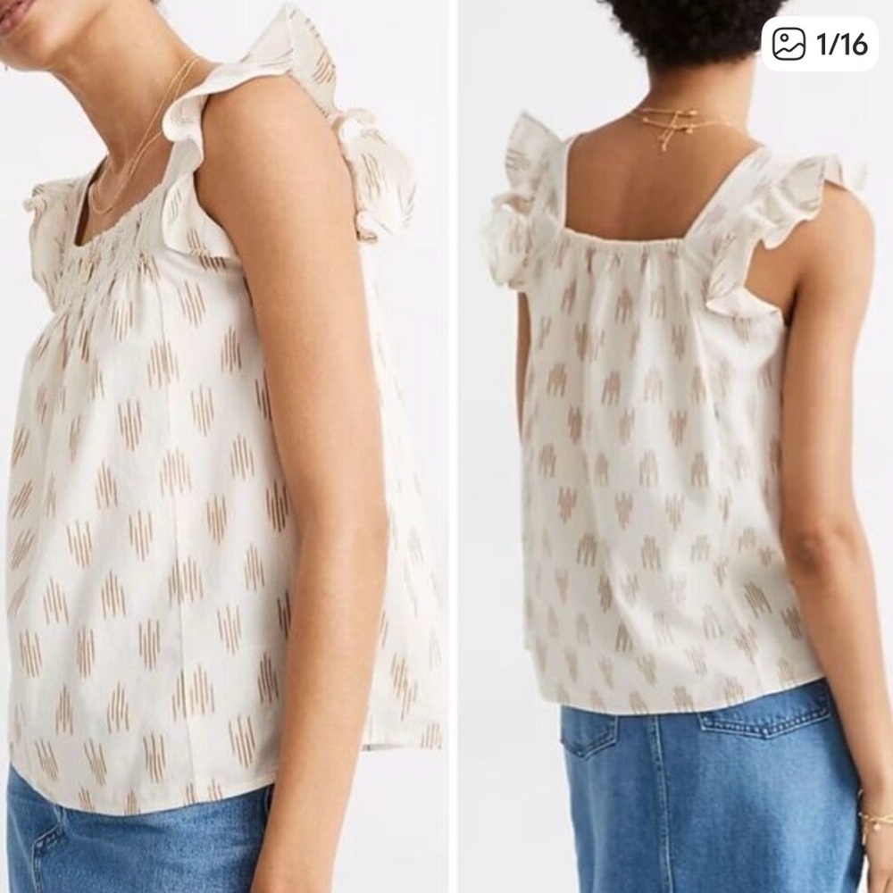 Madewell Ruffled Cream Top with Ikat Pattern, size L